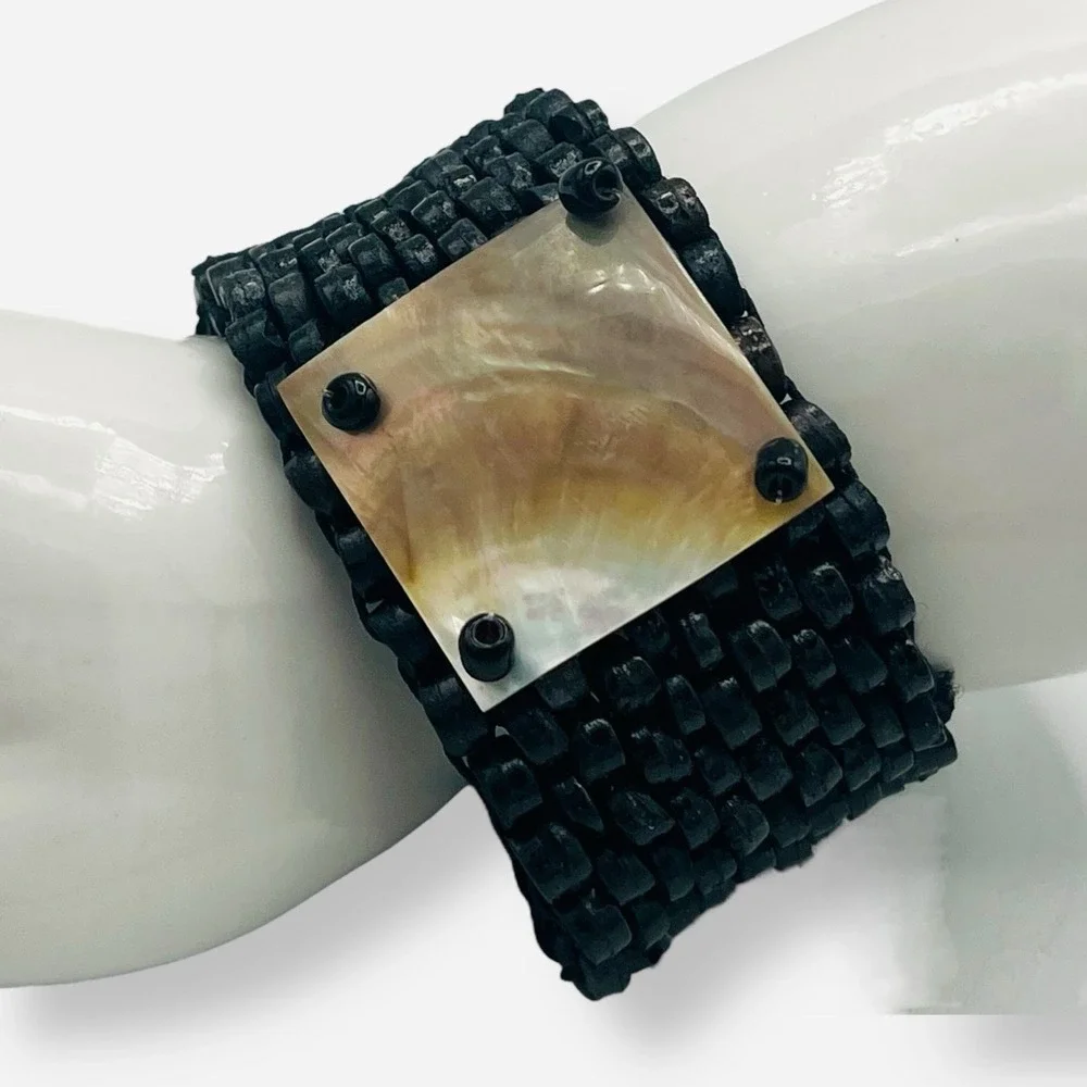 Abalone Shell Beaded Stretch‎ Bracelet Set Of 3 Black Brown Blue Gold